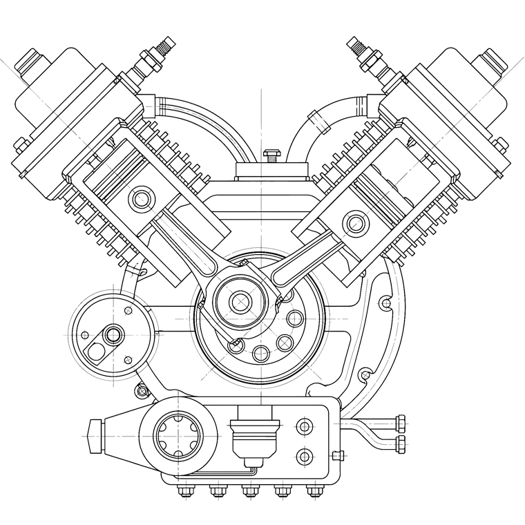Line illustration of an automotive engine
