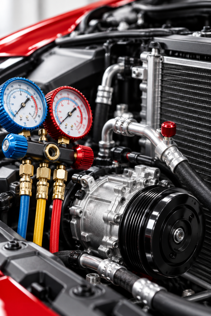 Illustration of automotive A/C testing equipment