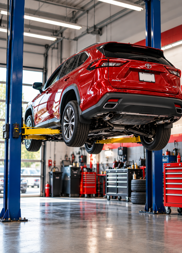 Vehicle lifted for maintenance in an automotive workshop