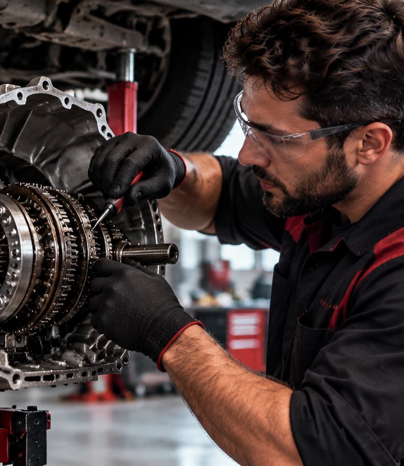 Service illustration of a technician inspecting transmission components